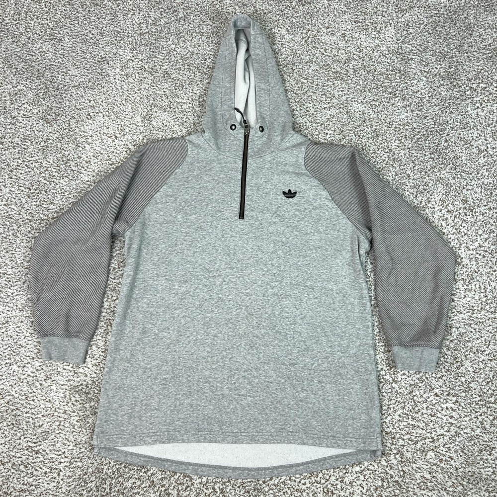 Adidas Hoodie Womens Large Gray 1/4 Zip Fleece Raglan Striped Sleeves Trefoil
